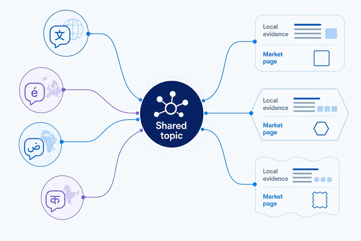 Diagram showing multilingual query concepts converging on one shared topic, then branching into separate local market page decisions.