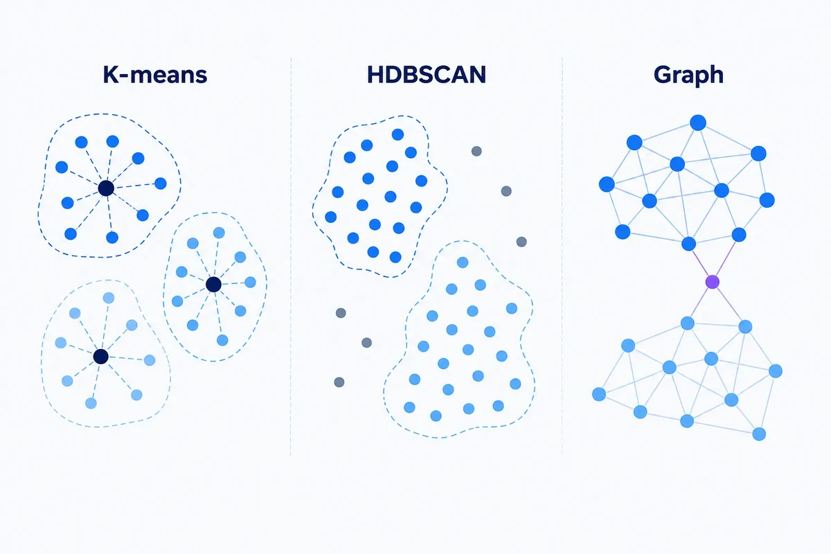 Editorial diagram comparing K-means, HDBSCAN and graph clustering: centroid-assigned groups, density-based clusters with noise, and connected communities with a bridge node.