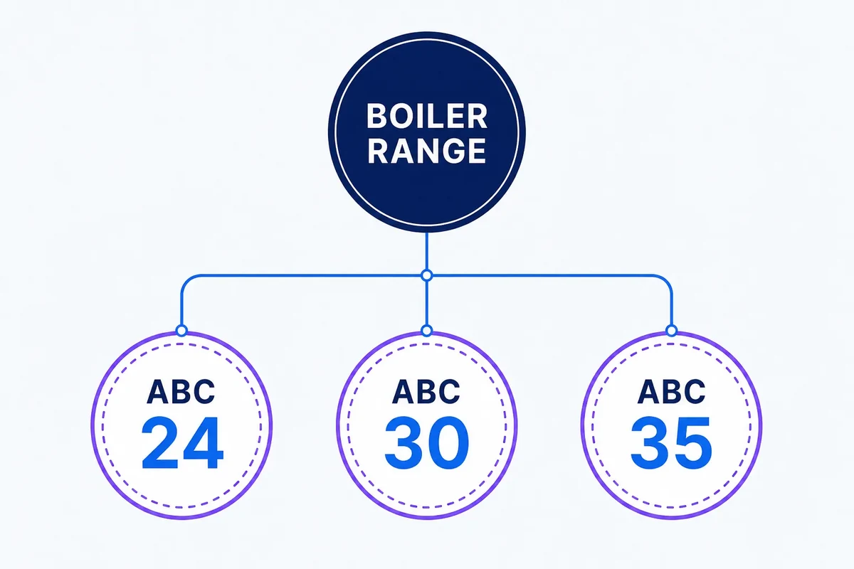 Diagram showing one boiler range branching into three separate model codes, ABC 24, ABC 30 and ABC 35, illustrating how numbers preserve distinct product identities.