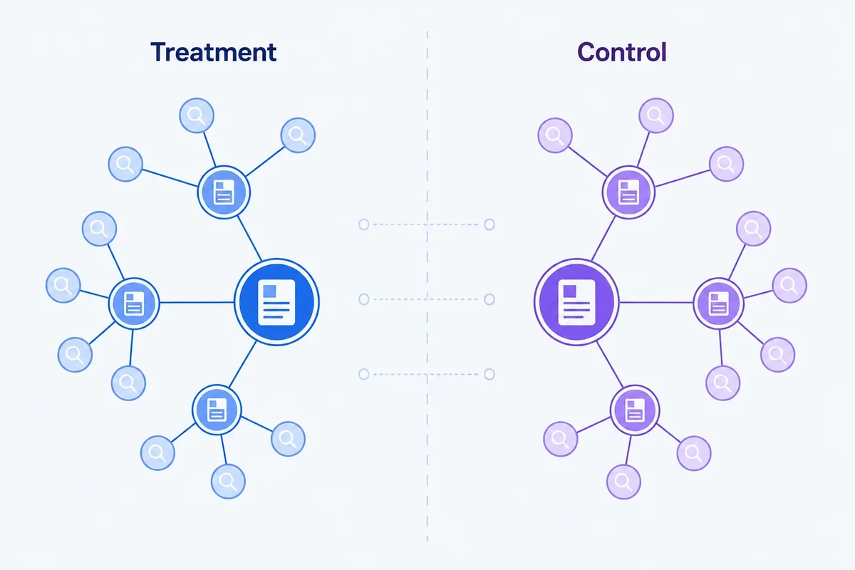 Two comparable keyword-cluster diagrams labelled Treatment and Control, separated by a boundary that prevents overlapping connections between the groups.