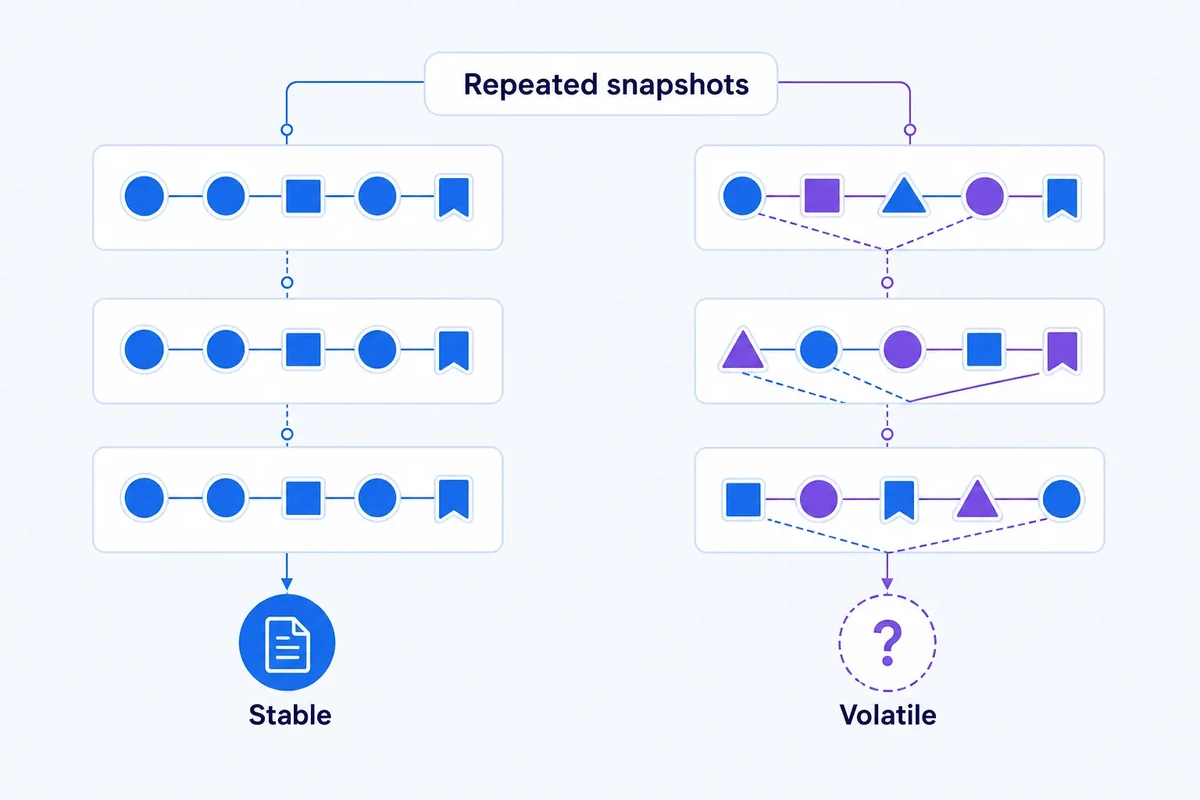 Illustration comparing repeated SERP snapshots: one query has stable recurring result nodes, while another has changing nodes and links, showing why volatility affects clustering confidence.