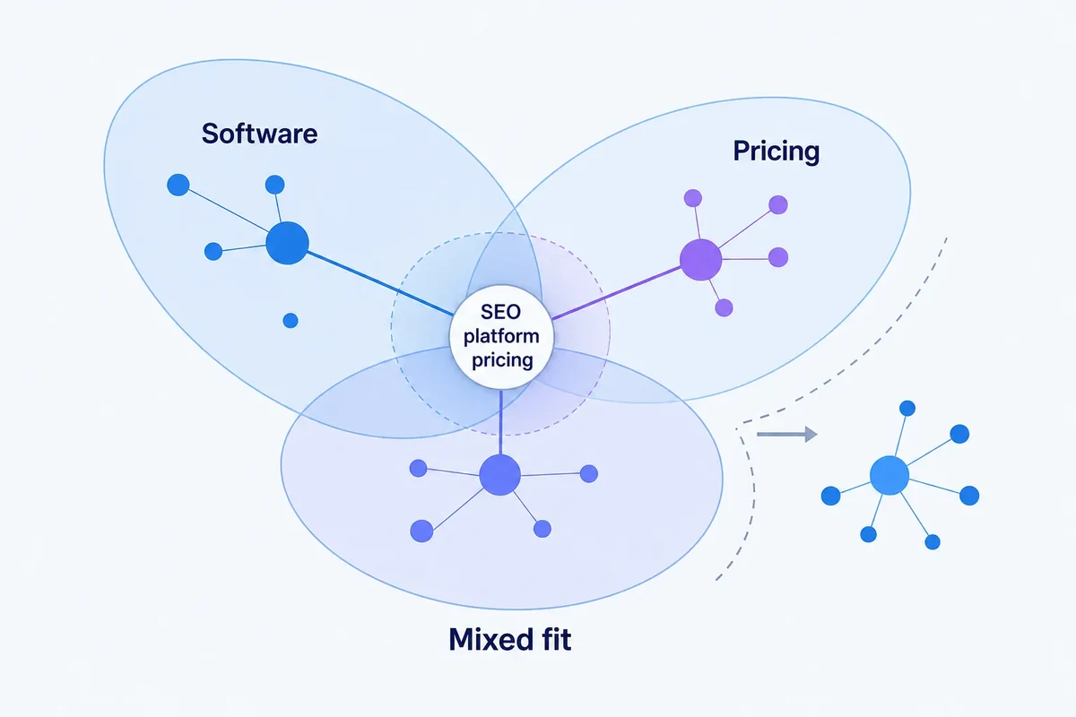 Editorial diagram showing the query “SEO platform pricing” positioned between overlapping Software and Pricing components to illustrate soft, mixed cluster membership.