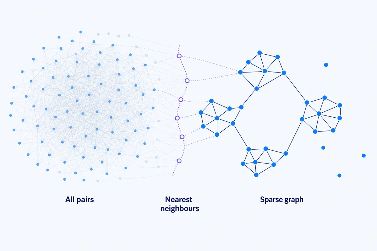 Editorial diagram showing many possible node connections reduced to local nearest-neighbour links forming a sparse graph of semantic communities.