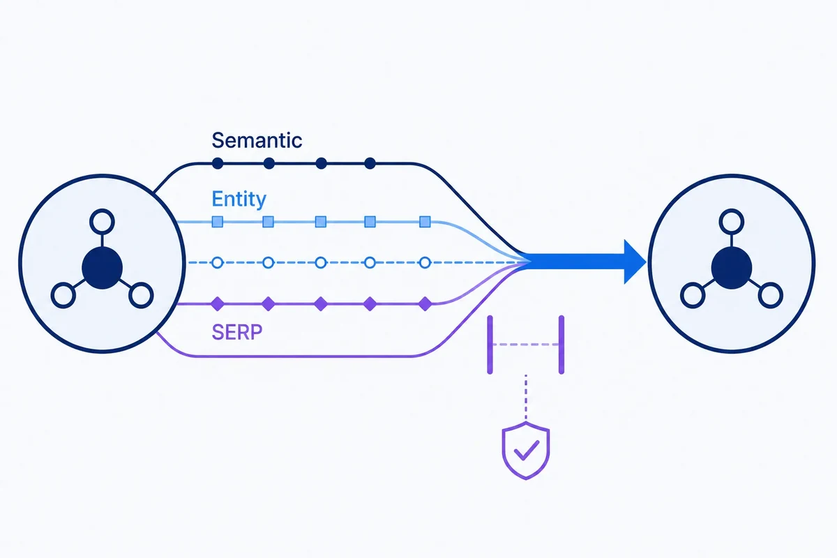 Two keyword nodes connected by separate semantic, lexical, entity and SERP evidence lines that combine into one weighted graph edge, with a distinct constraint gate showing that critical incompatibilities are checked separately.
