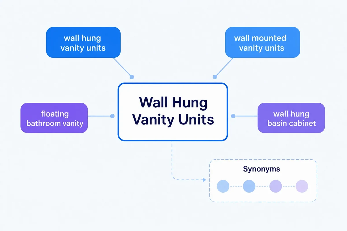 A cluster of related vanity-unit search phrases converging on one clear navigation label, with synonyms kept in a separate supporting group.