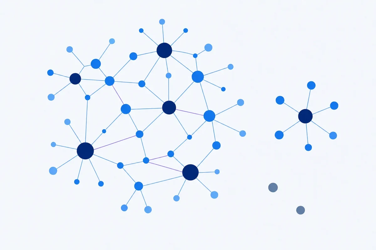 Illustrative keyword graph showing a large connected component, a separate smaller island and isolated nodes before community detection.