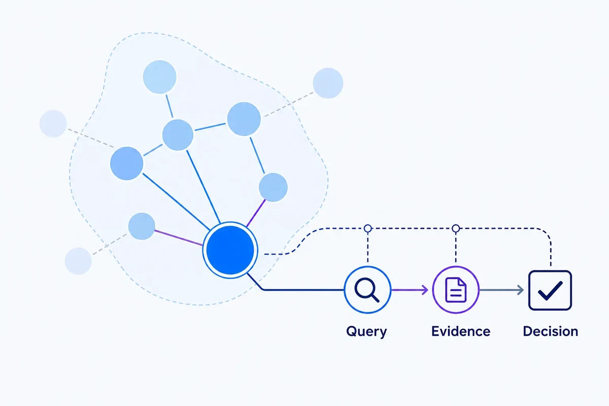 A highlighted keyword node at the edge of a small cluster, connected to neighbouring queries through visible evidence paths and an audit trail towards a decision.