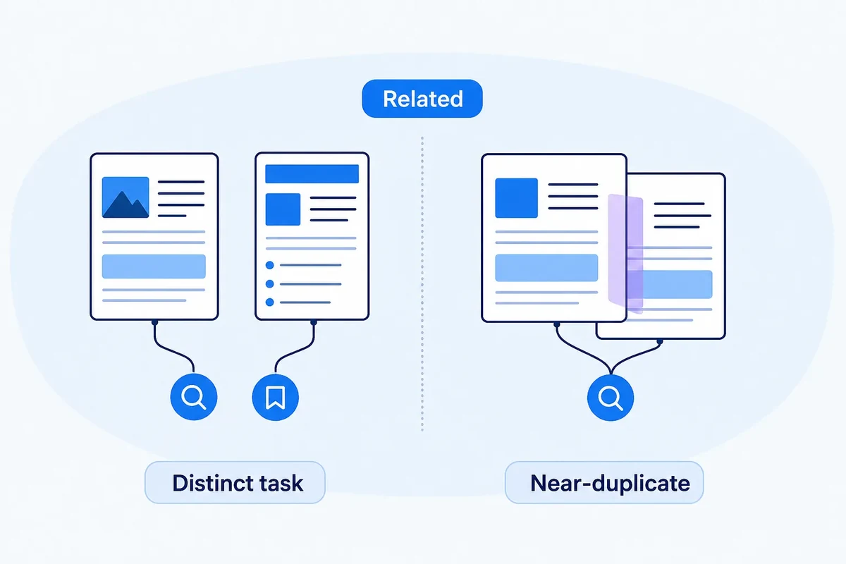Editorial diagram contrasting topically related pages with distinct tasks against two near-duplicate pages sharing the same role and content space.