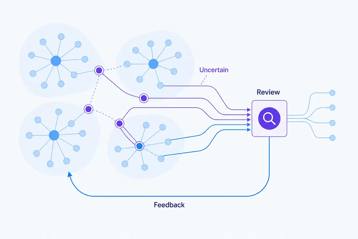 Editorial vector diagram showing a small set of uncertain and conflicting nodes selected from several keyword clusters for review, with feedback returning to the clustering system.