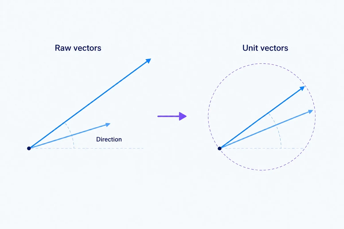 Diagram showing two same-direction vectors with different lengths being normalised into equal-length unit vectors while their direction remains unchanged.