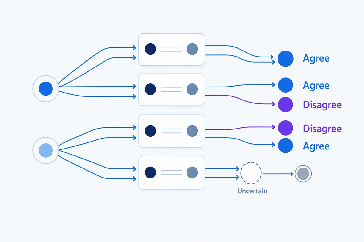 Two independent annotation paths review the same query pairs, showing agreement, disagreement and an uncertain case sent for adjudication.