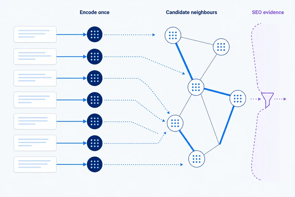 Editorial diagram showing keywords encoded independently into reusable vector nodes, then connected as a sparse graph of candidate semantic neighbours with SEO evidence filtering the final relationships.