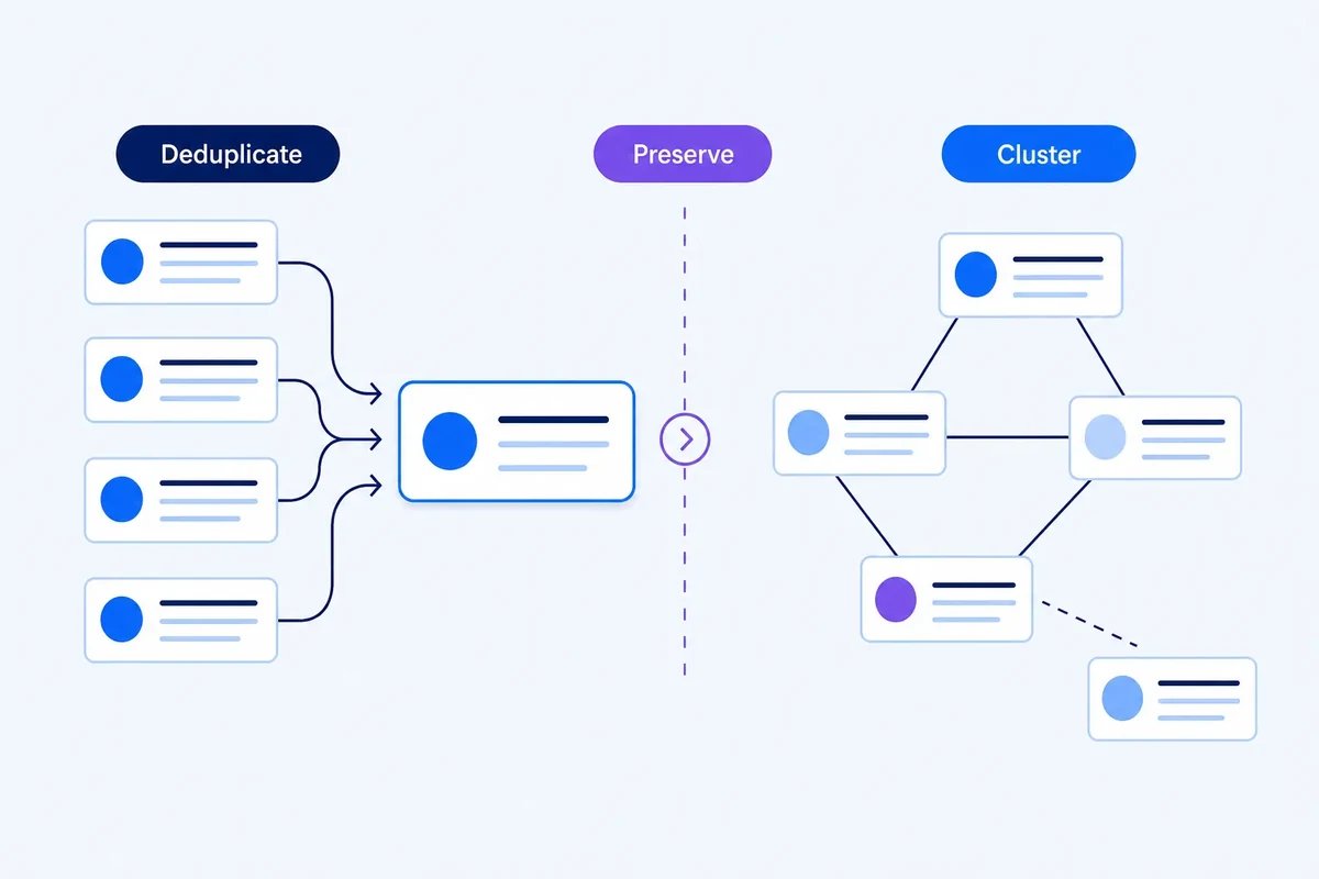 Infographic showing identical keyword records merging into one canonical record while distinct related queries remain separate and connected in a cluster.