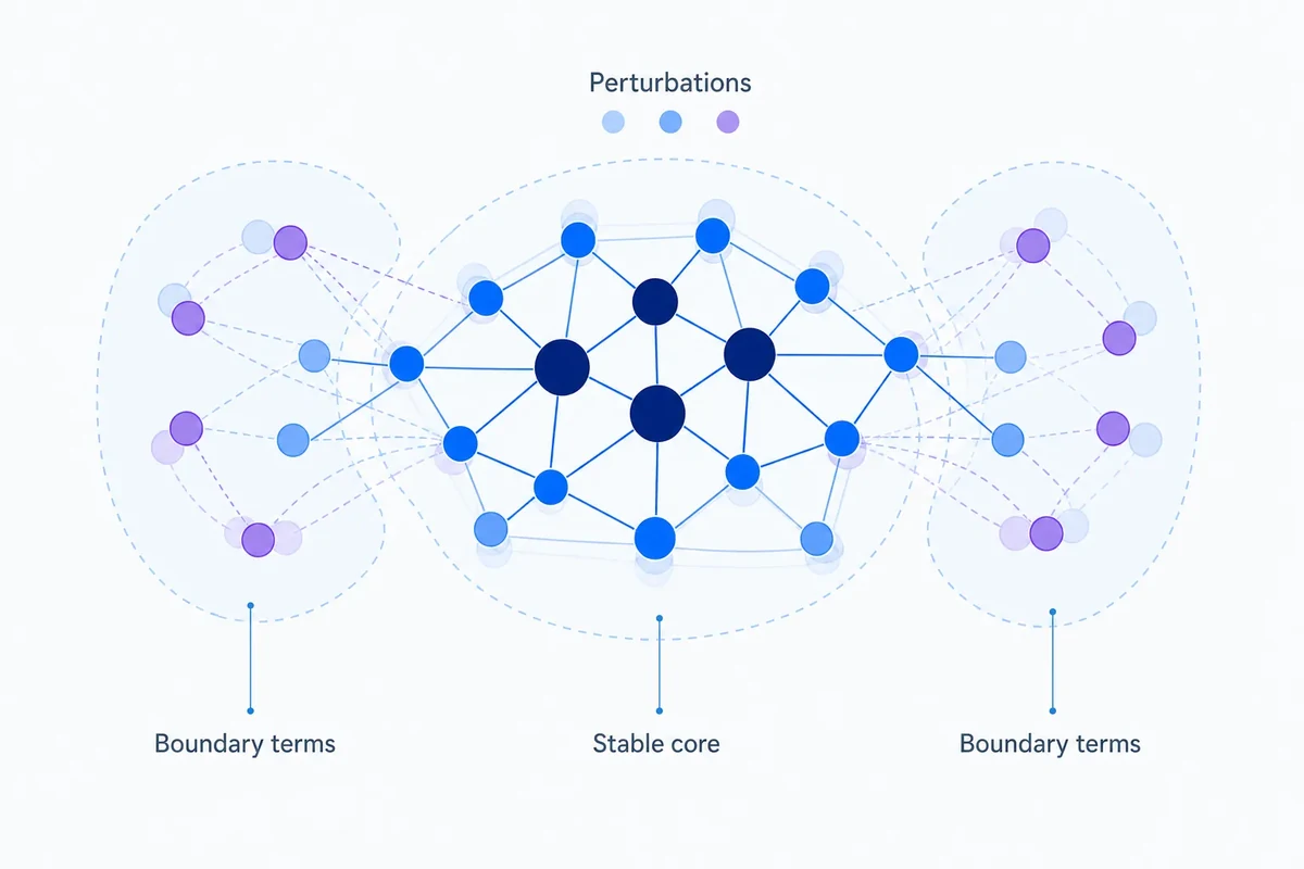 Editorial diagram showing a stable central keyword cluster across several perturbations, with a few boundary nodes shifting between neighbouring groups.