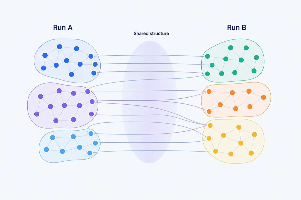 Two side-by-side cluster assignments for the same query nodes, with different colour groupings connected to show shared structure despite arbitrary labels.