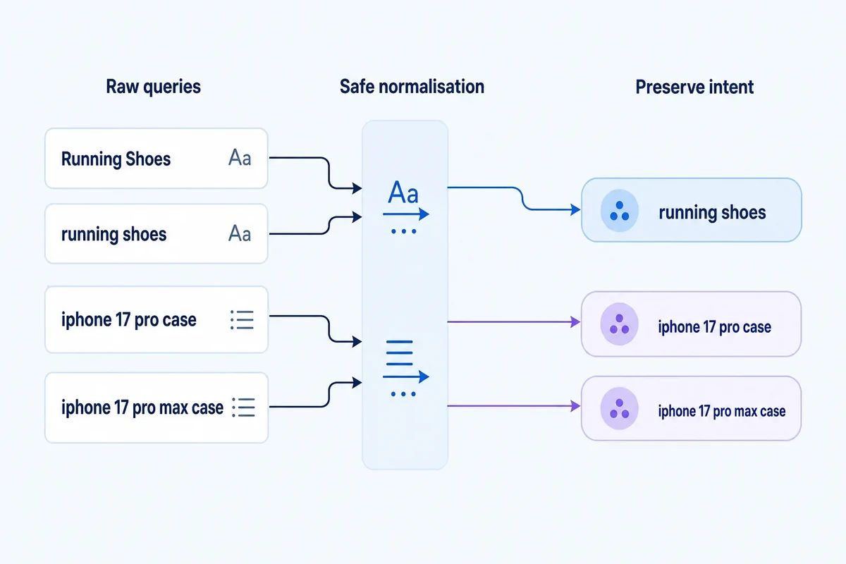 Editorial diagram showing equivalent keyword variants converging through safe normalisation while meaningful product differences remain separate.