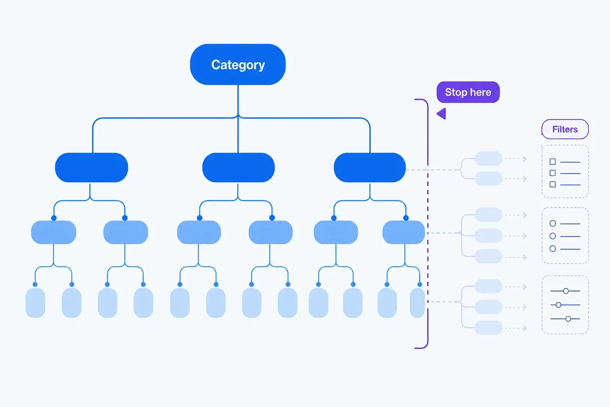 A blue category hierarchy stops at a useful navigation level while finer clustered distinctions divert into filters instead of deeper taxonomy.