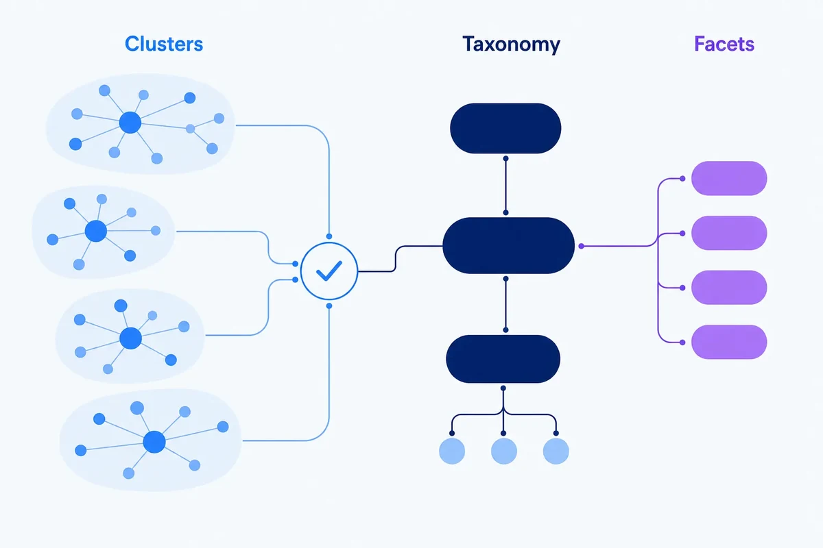 Blue semantic clusters feed into a smaller curated site hierarchy, while attribute nodes branch separately as facets.