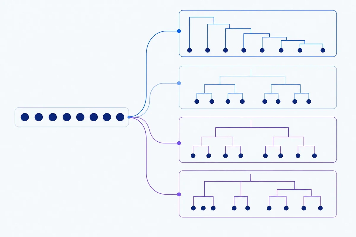 An abstract set of keyword nodes branches into four different hierarchical topic trees, illustrating how linkage methods change agglomerative clustering results.