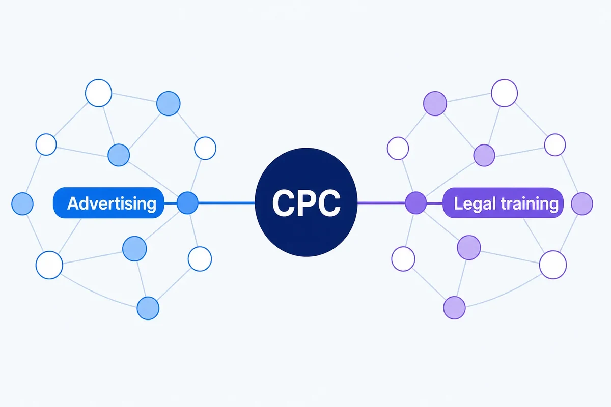A central “CPC” acronym branches into separate advertising and legal-training topic clusters, showing how context disambiguates short forms.