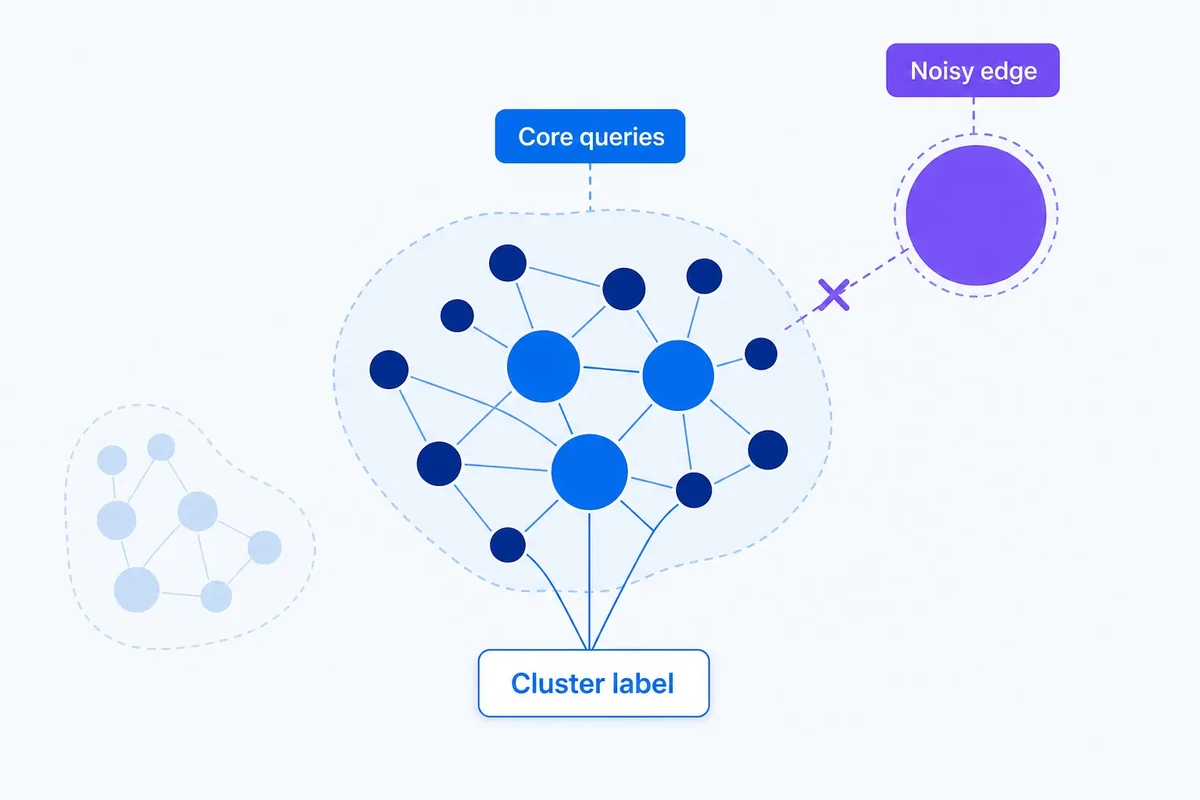 Editorial diagram showing representative keyword nodes forming a cluster centre, a noisy peripheral outlier left aside, and a concise label connected to the core.