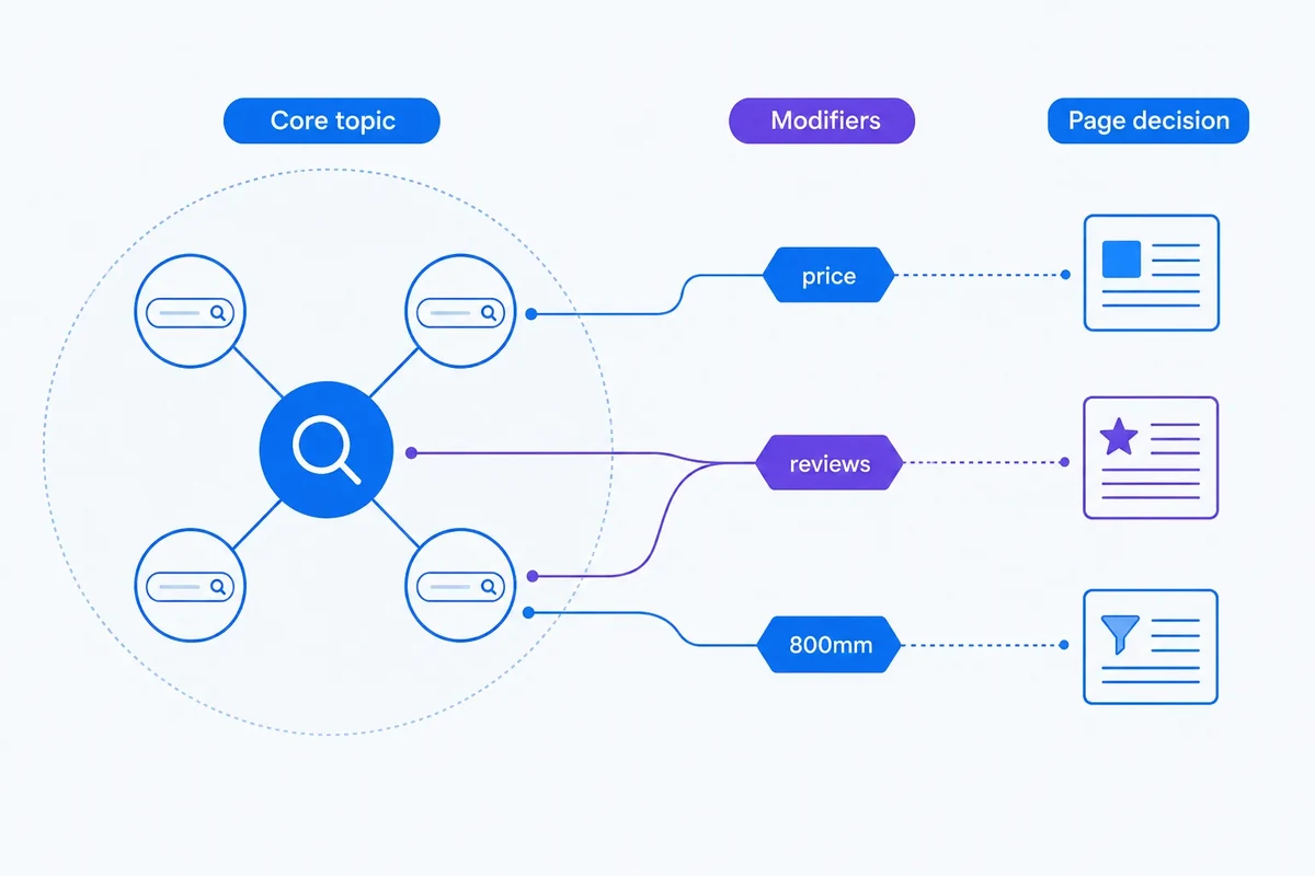 A semantic keyword cluster keeps related queries together while separate price, reviews and 800mm modifier signals remain visible for page decisions.