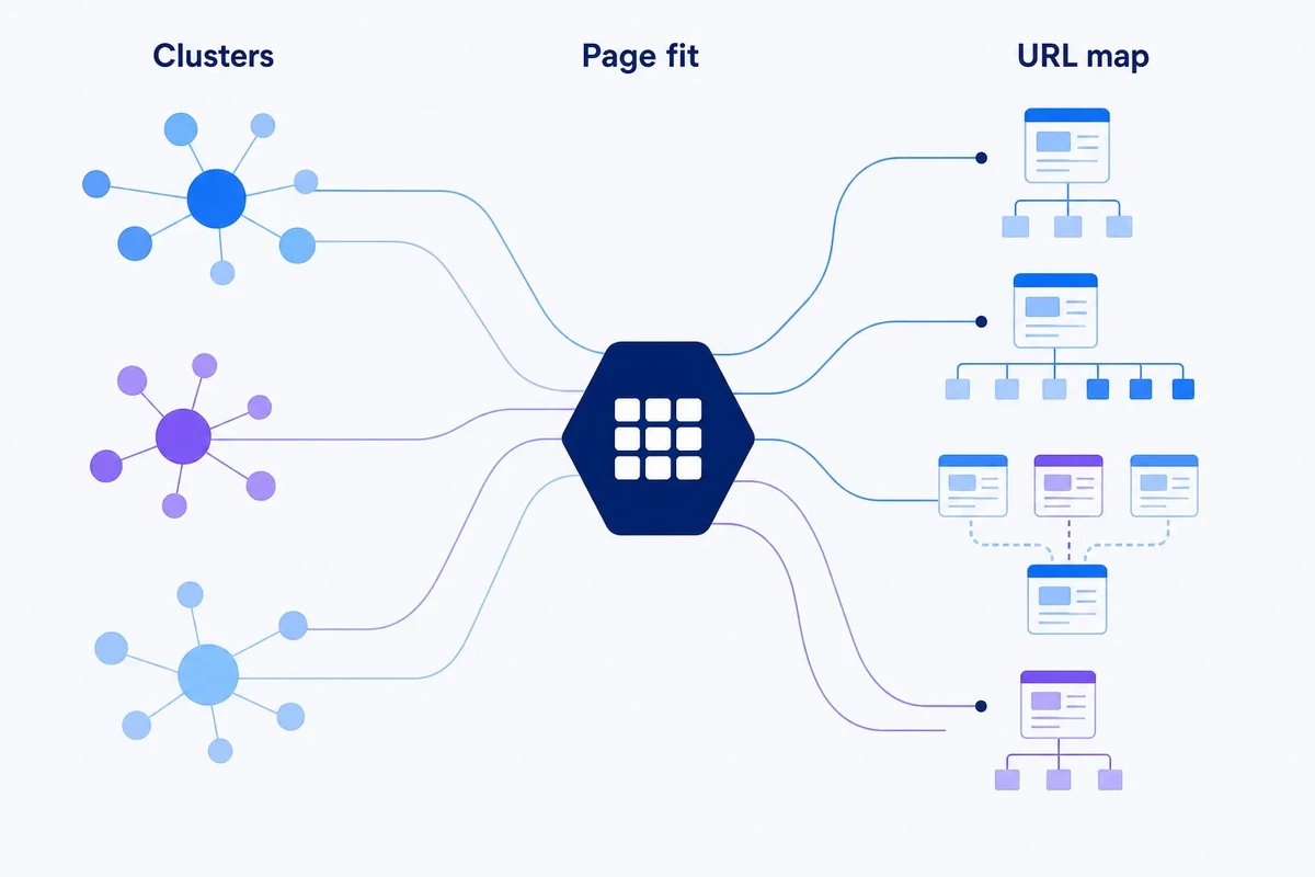 Editorial diagram showing keyword clusters being assessed for page fit before leading to different URL architecture outcomes: retain, expand, consolidate or create.