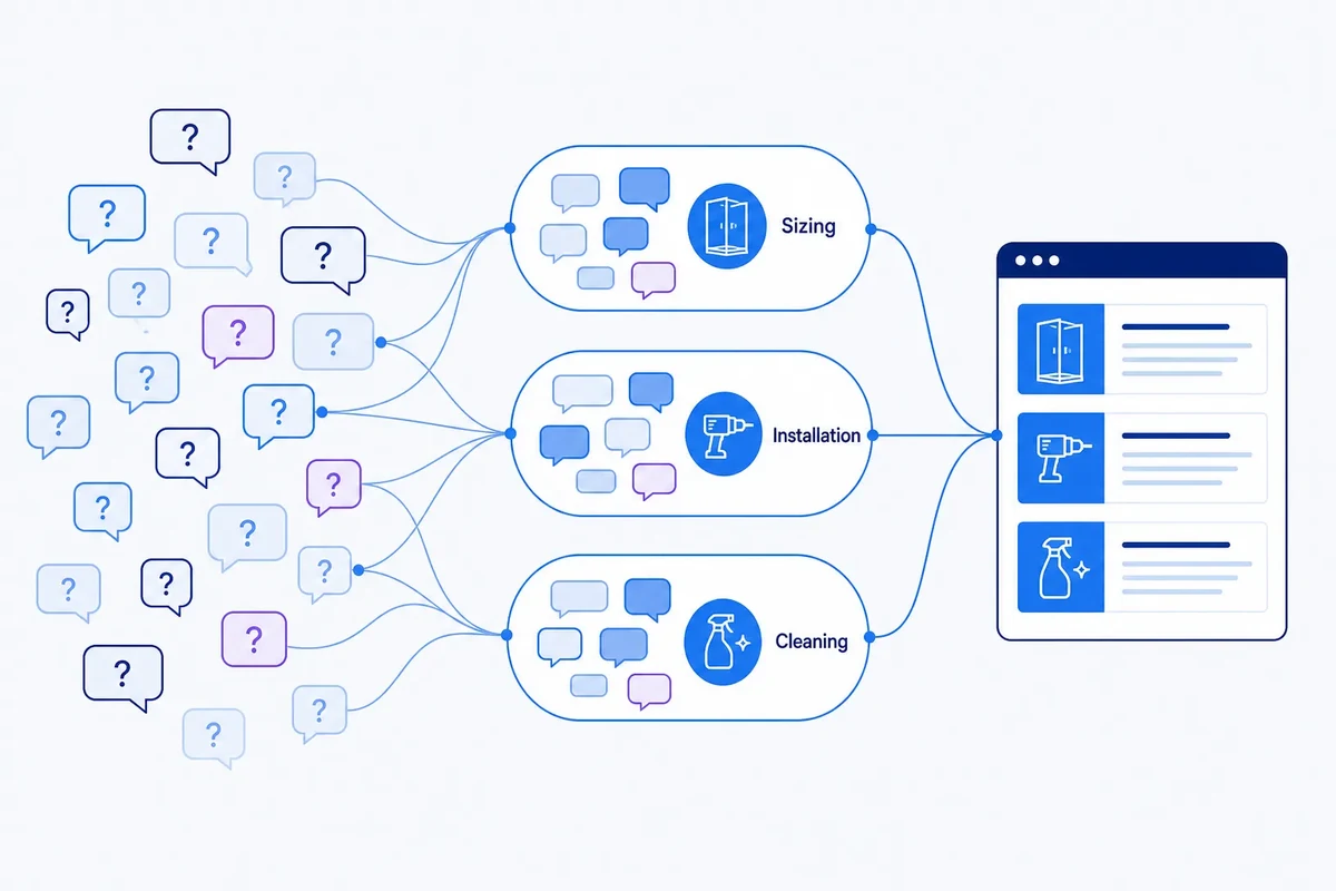 Editorial diagram showing many question-query variations grouped into three shower-screen answer needs: sizing, installation and cleaning, before being organised into page sections.