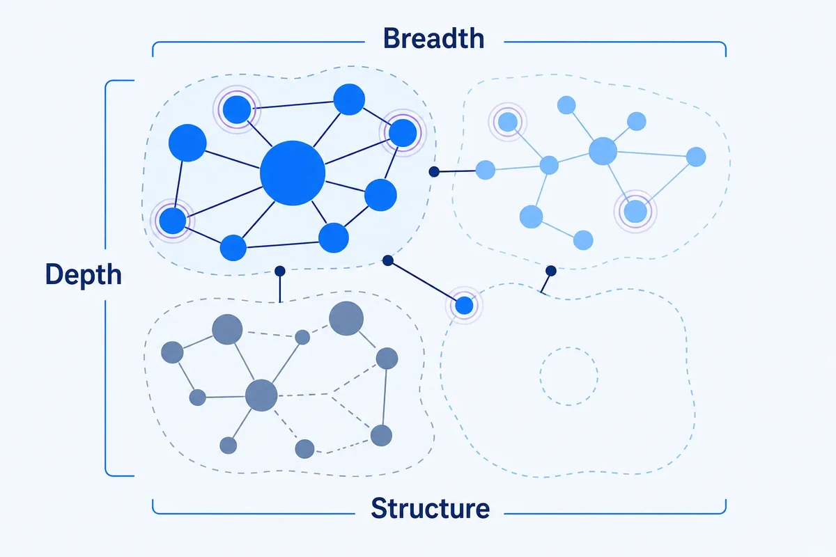 Editorial diagram showing a connected topic-cluster map with strong, shallow, fragmented and missing coverage assessed separately by breadth, depth and structural links rather than one authority score.