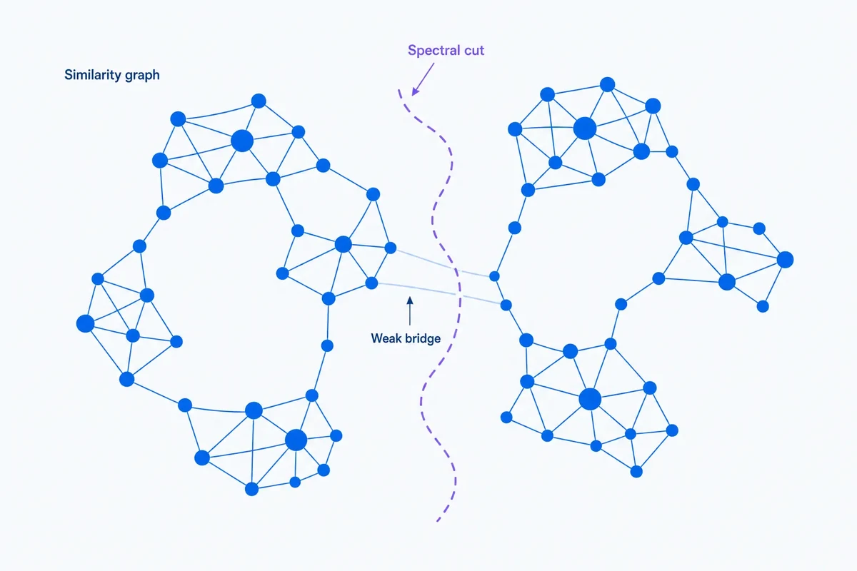 A non-convex keyword similarity graph split by a spectral boundary that follows connectivity, with pale weak bridge edges between two dense communities.