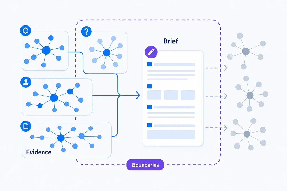 A grouped keyword cluster flows into a structured content brief, while a neighbouring cluster remains outside the marked boundary to show scope and prevent overlapping articles.