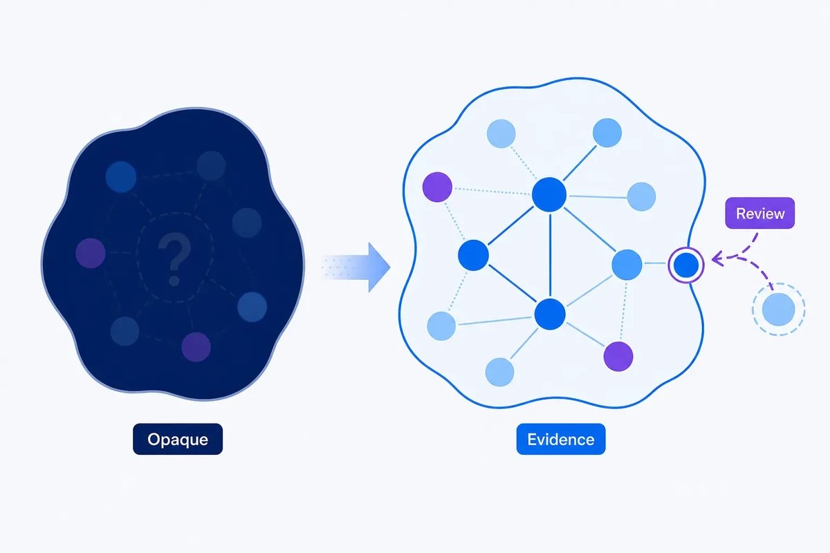 Editorial diagram contrasting an opaque keyword cluster with an inspectable cluster showing visible relationships, boundaries and a review case.