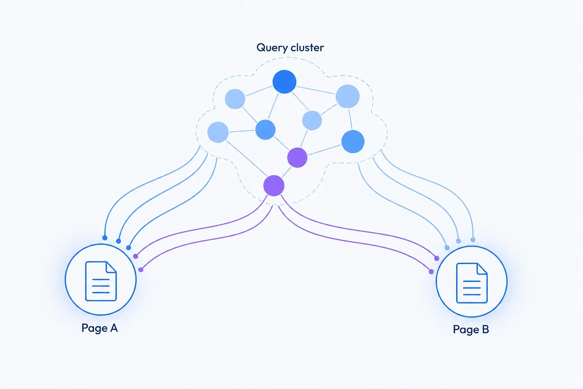 A query cluster connects to two pages, with a highlighted shared area showing where possible keyword cannibalisation needs investigation.