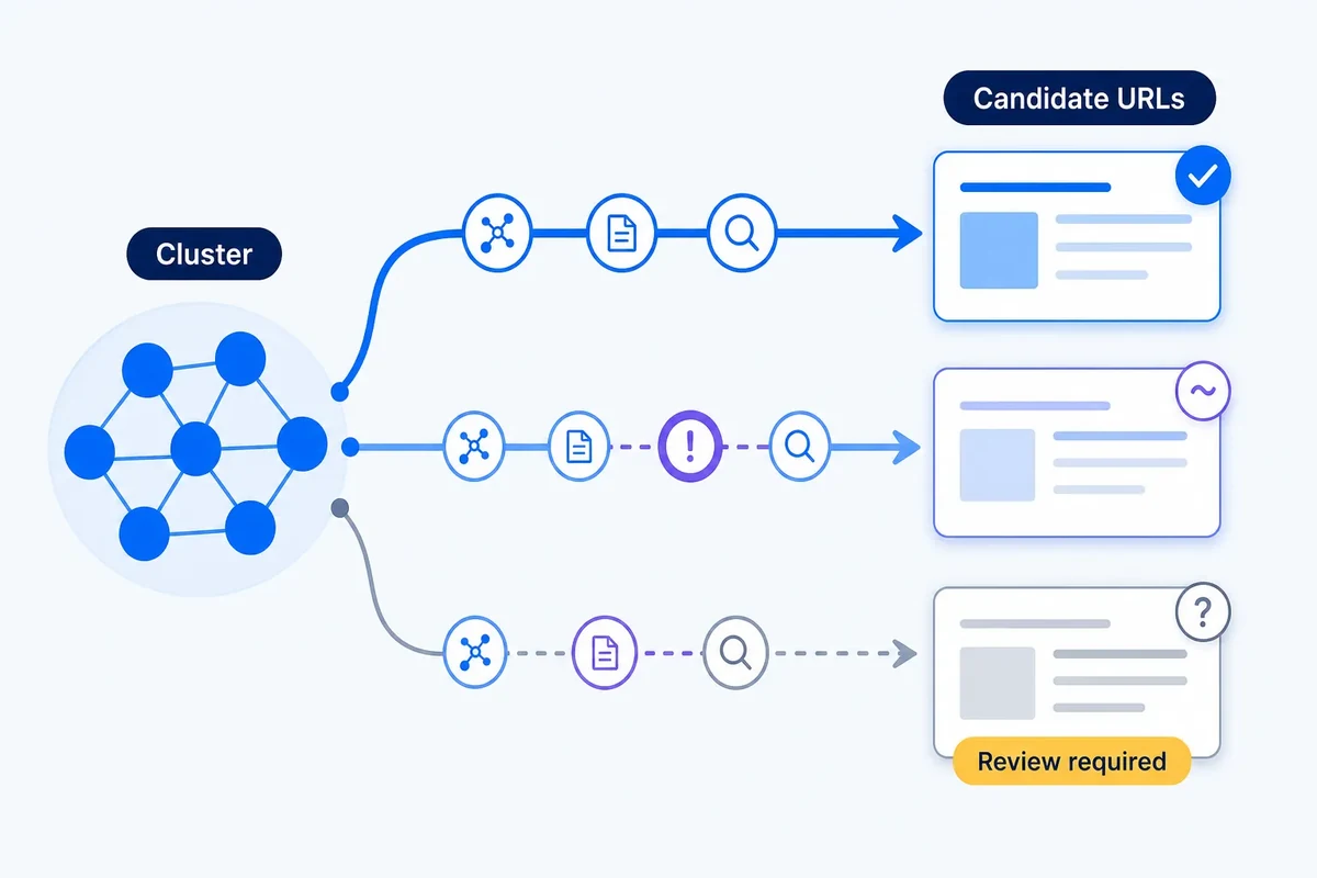 A keyword cluster connects to three candidate URL cards through separate evidence paths, with one strong mapping, one conflicted mapping and one marked for review.