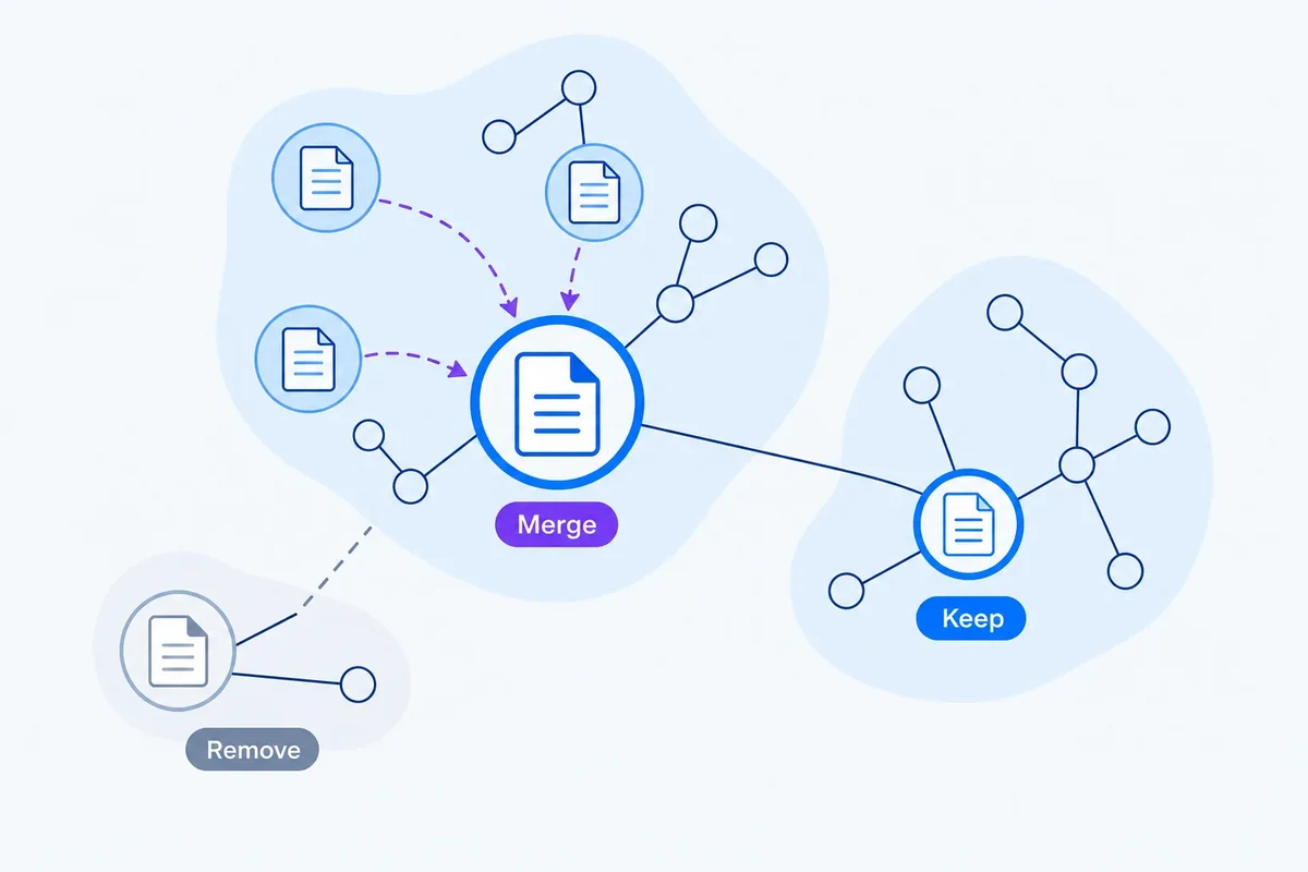 A keyword-cluster map shows overlapping pages consolidating into one stronger page, while a distinct specialist page remains connected to its own unique cluster and a disconnected redundant page is removed.