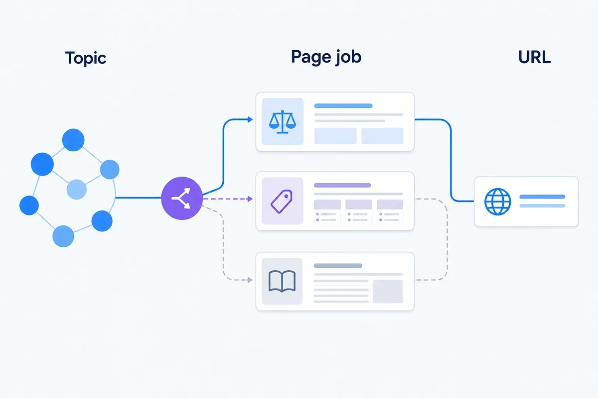 Diagram showing a related topic cluster separated by page type before the correct URL is selected.