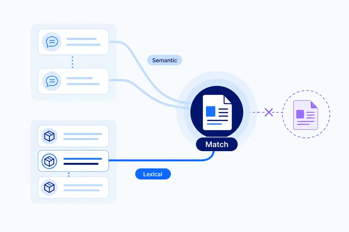 Editorial diagram showing semantic and lexical retrieval paths converging on a page match, while an exact product distinction remains separate.