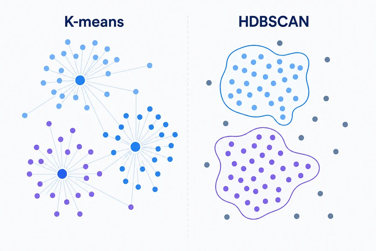 Editorial diagram comparing K-means and HDBSCAN: every point is assigned to a centroid on the left, while dense irregular regions and unassigned outliers appear on the right.