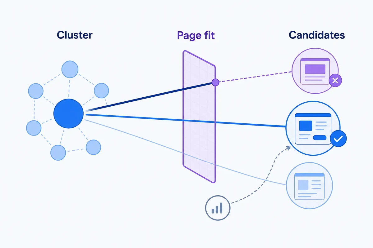 Infographic showing a keyword cluster retrieving several existing page candidates, with page type and other evidence filtering the strongest semantic match before URL mapping.