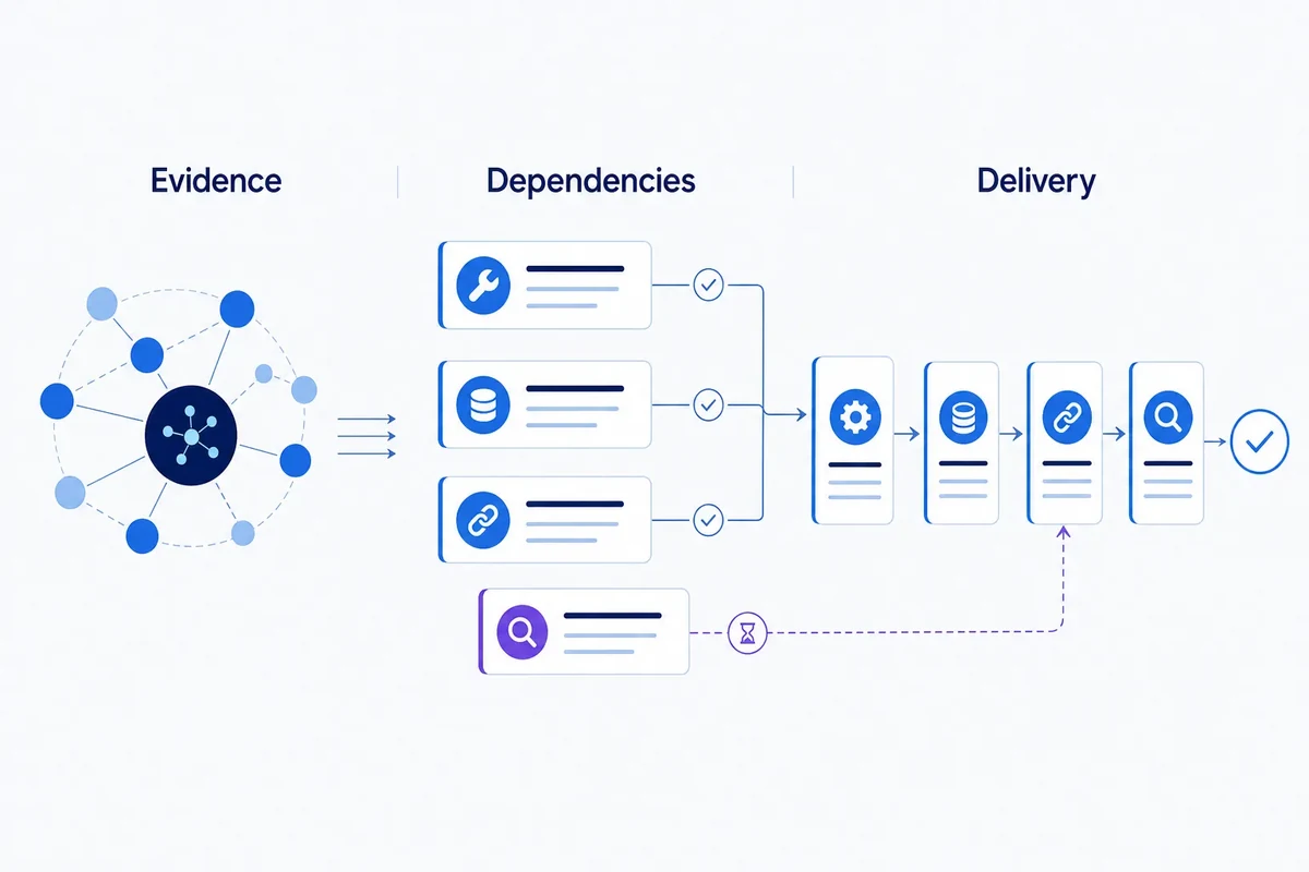 Editorial diagram showing a keyword cluster being transformed into dependency-ordered SEO delivery steps.