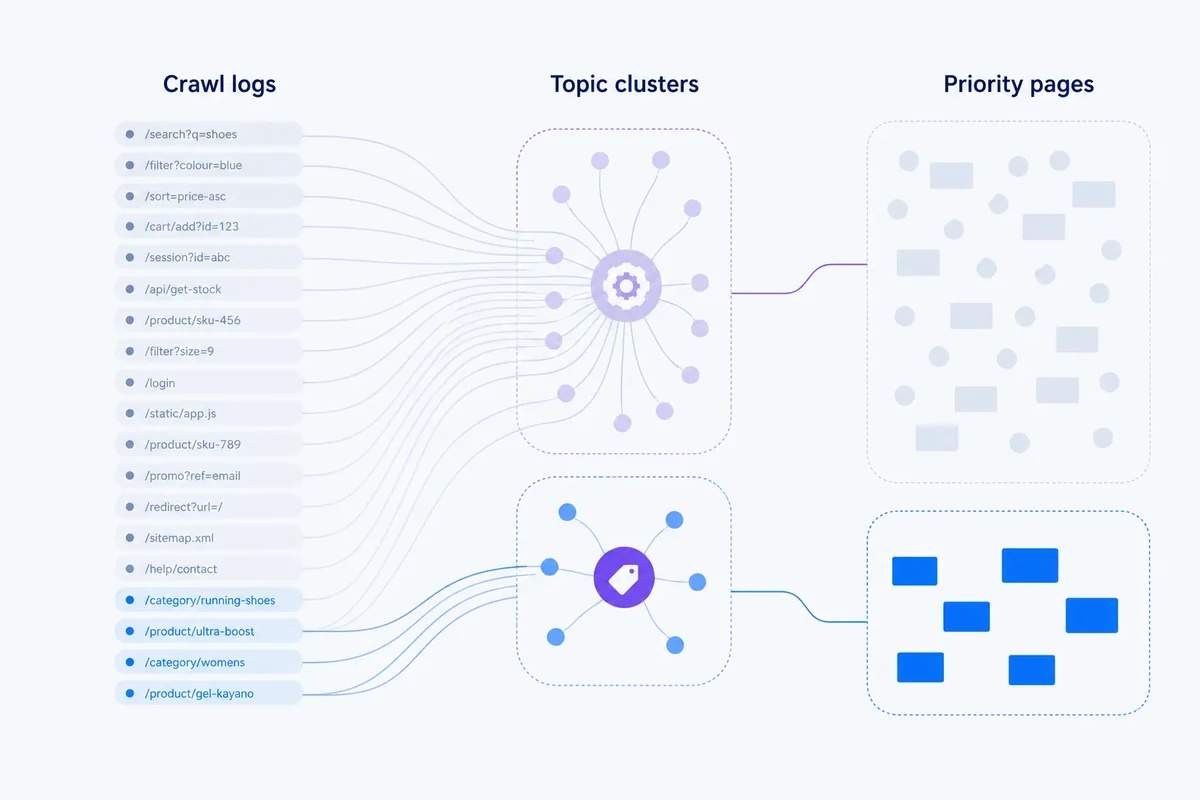 Diagram showing crawler request paths mapped into topic clusters, with many requests concentrated on low-value parameter URLs and fewer connections reaching important category and product pages.