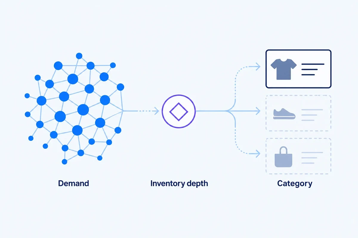 Editorial diagram showing a dense search-demand cluster compared with a shallow, partly unavailable product set before a category-page decision.