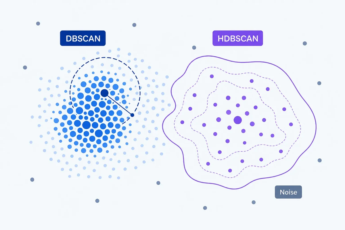 Editorial diagram comparing DBSCAN’s fixed-density boundary with HDBSCAN’s adaptive contours across a dense keyword cluster, a sparse cluster and isolated noise points.