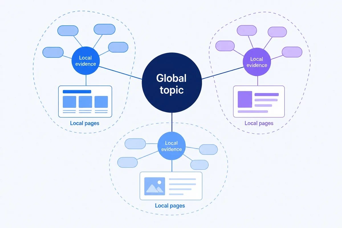 Editorial diagram showing one shared global ecommerce topic branching into three distinct local market clusters with different evidence and page outcomes.