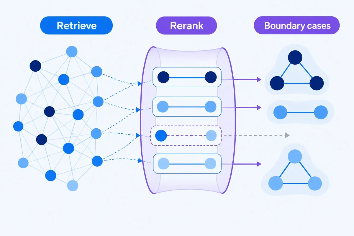 Editorial diagram showing fast semantic retrieval narrowing many keyword relationships into a few boundary cases for precise cross-encoder reranking before forming cleaner clusters.