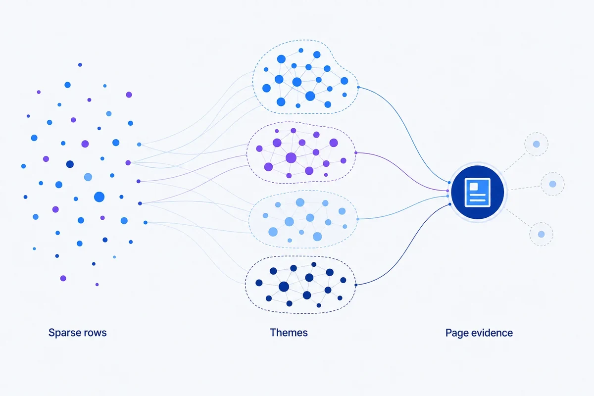 Scattered low-impression query nodes grouped into four themes, with a few outliers kept separate before connecting to page-level evidence.
