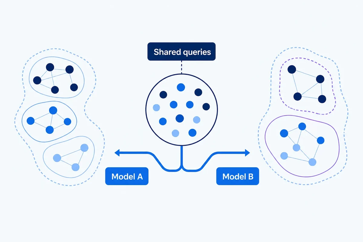 Diagram showing the same keyword set forming different semantic clusters under two embedding models.