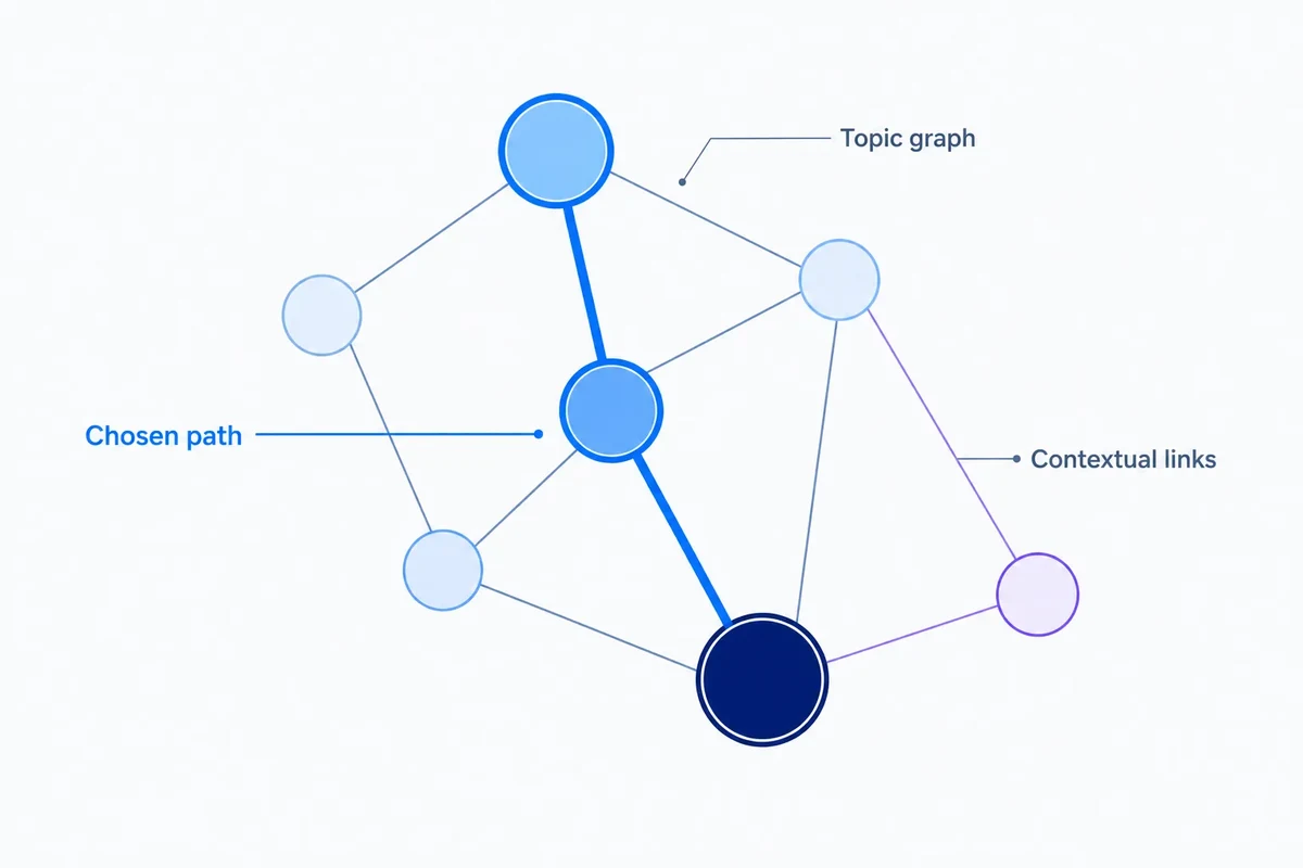 A topic graph with several related nodes, one highlighted parent-to-page route for the breadcrumb and lighter links showing contextual relationships.